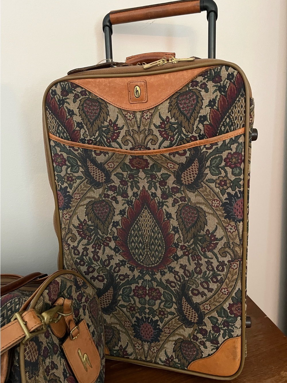 Vintage Hartmann Tapestry Flame Print Rolling Suitcase, leather trim, 22”
